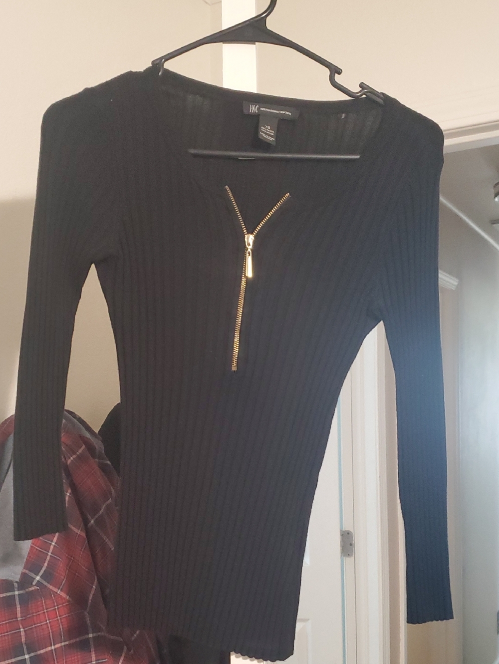 INC International Concepts Black Ribbed Long Sleeve Top with Gold Trim